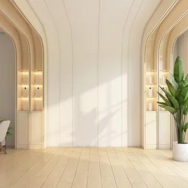 Minimalist interior with parquet flooring and arched doorways
