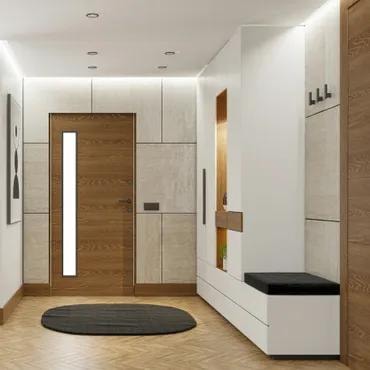 Modern entryway with parquet flooring