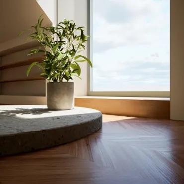 Minimalist room with parquet flooring and natural light